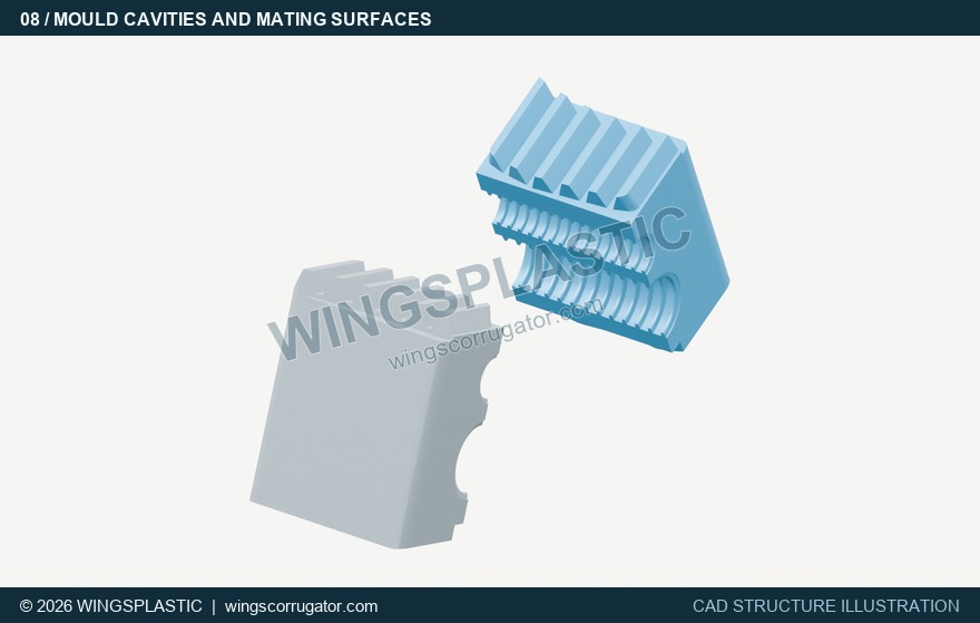 The open half-moulds reveal the corrugated cavity profiles and mating faces. Product dimensions and cavity arrangements depend on the installed moulds.