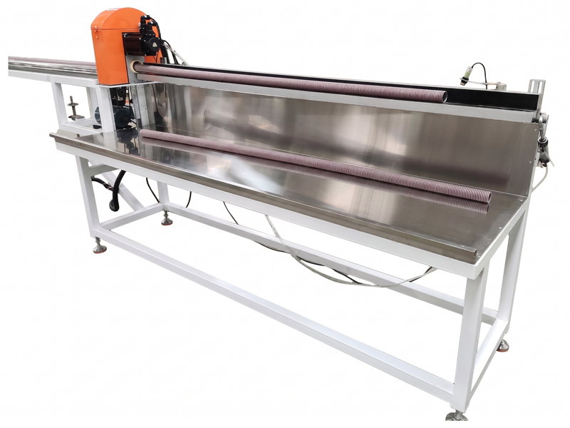 Precision cutting and stacking system for vacuum cleaner hose machine