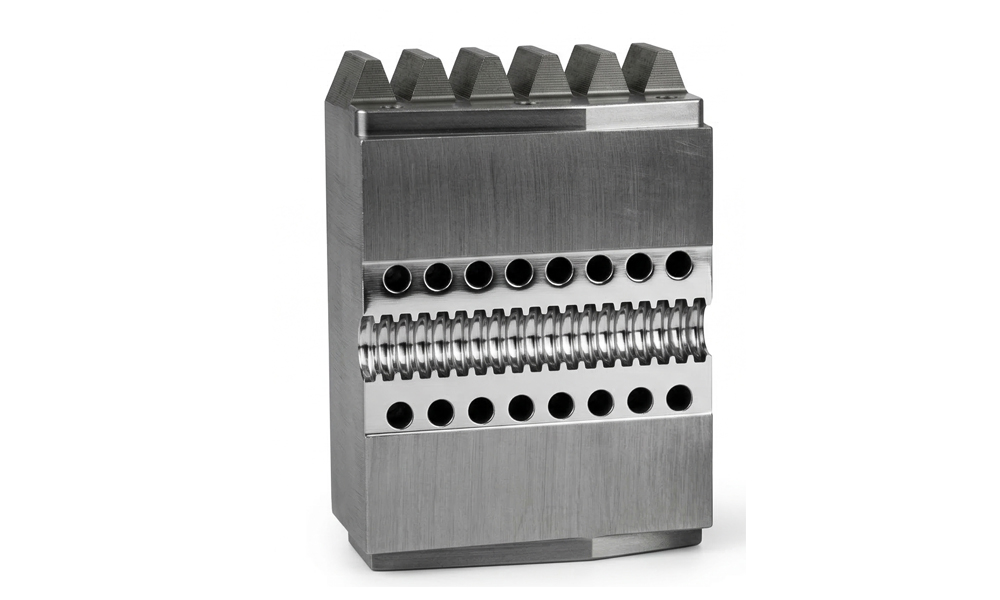 Nitrided 40Cr corrugated mould blocks featuring multi-hole micro vacuum ports used within the PA corrugated pipe machine block assembly